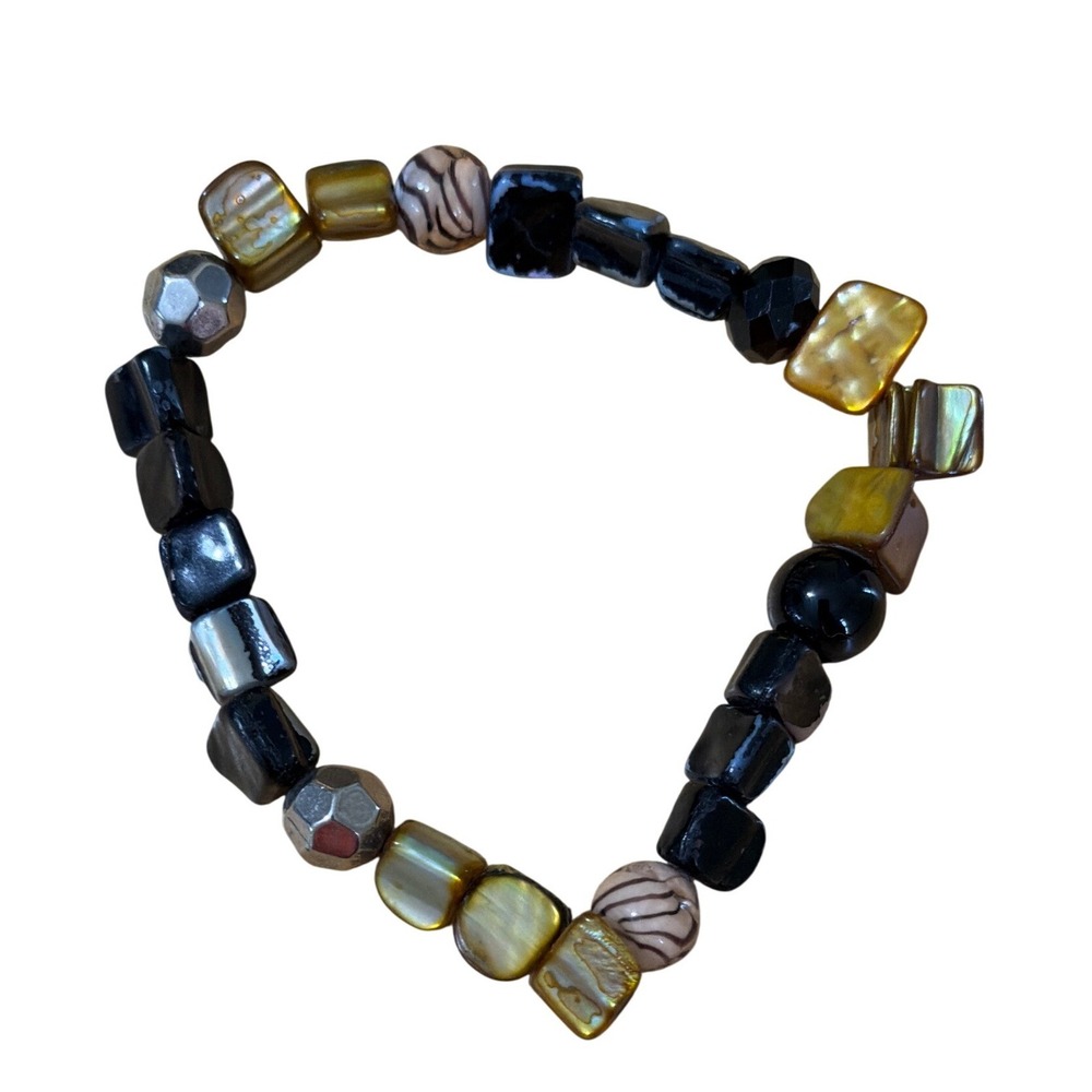 Mixed Bead Stretch Bracelet Mother of Pearl Gold Black Iridescent‎ Statement